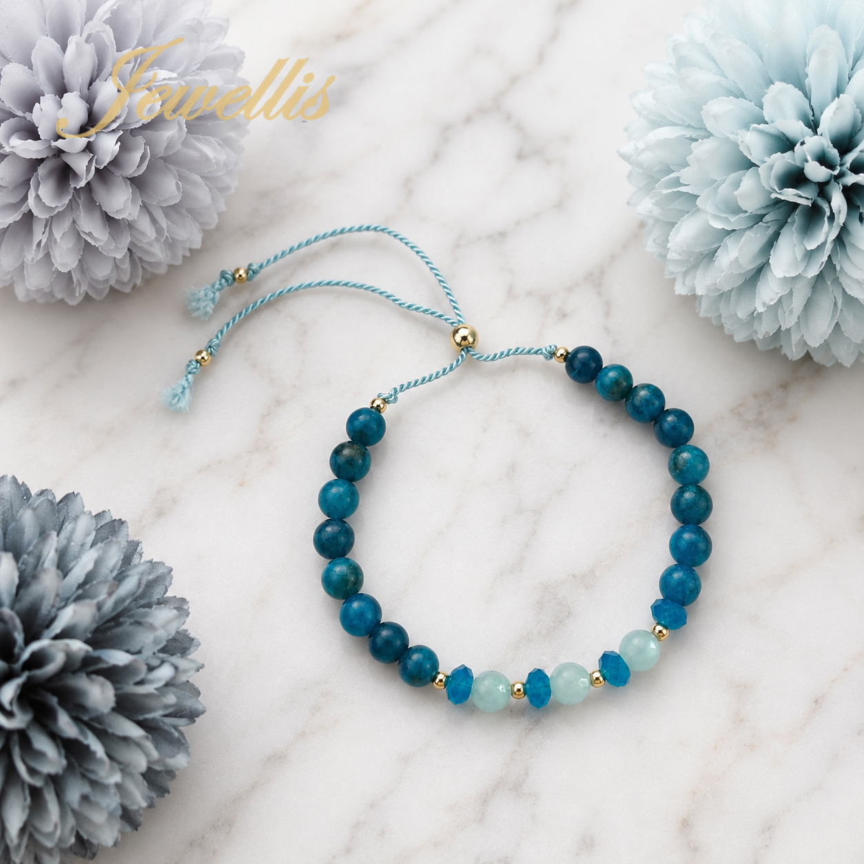 Náramek z apatitu a fasetovaného amazonitu se Swarovski Caribbean Blue Opal | Nastavitelný, pozlacená chirurgická ocel