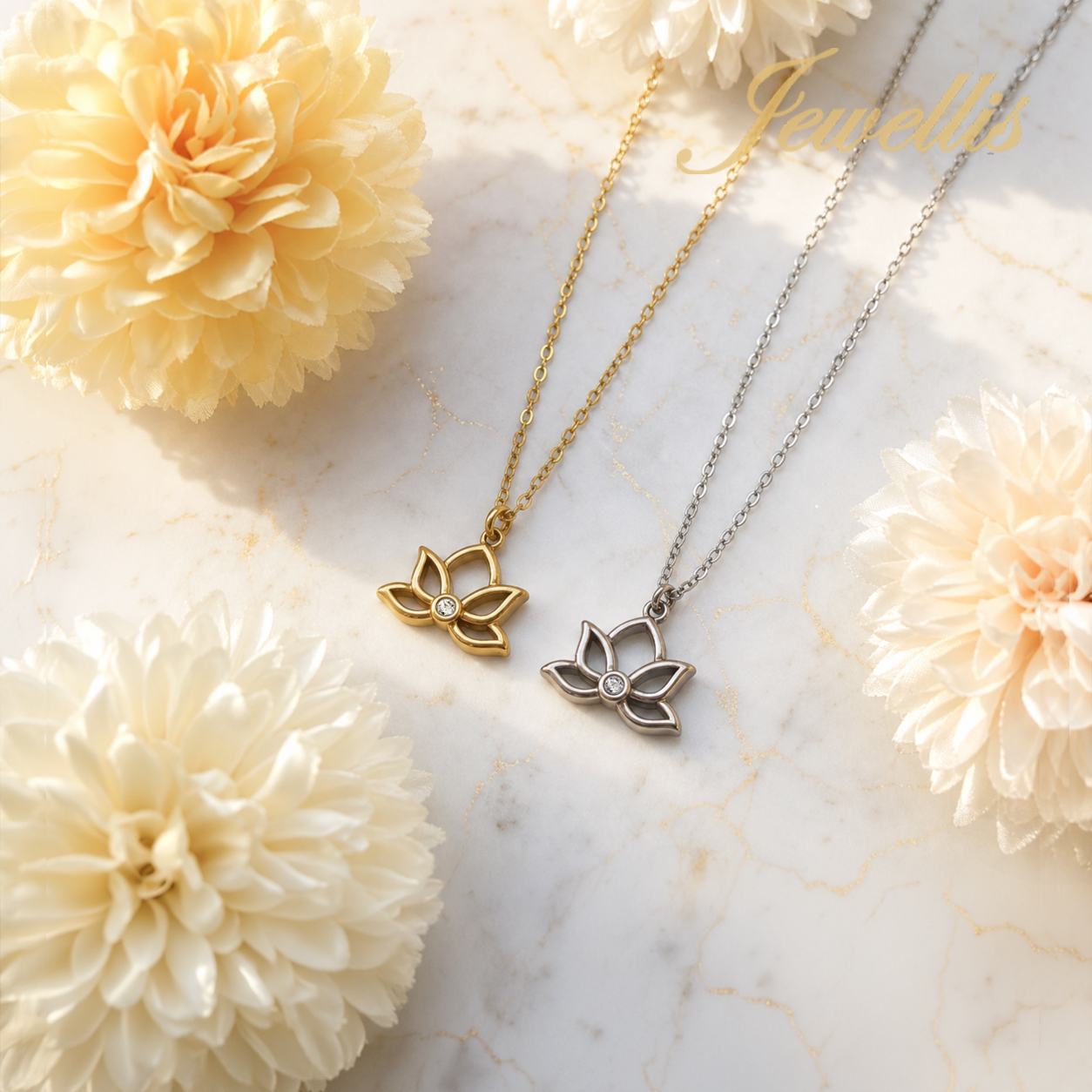 Little Lotos – Ocelový náhrdelník s lotosovým květem a krystalem Swarovski