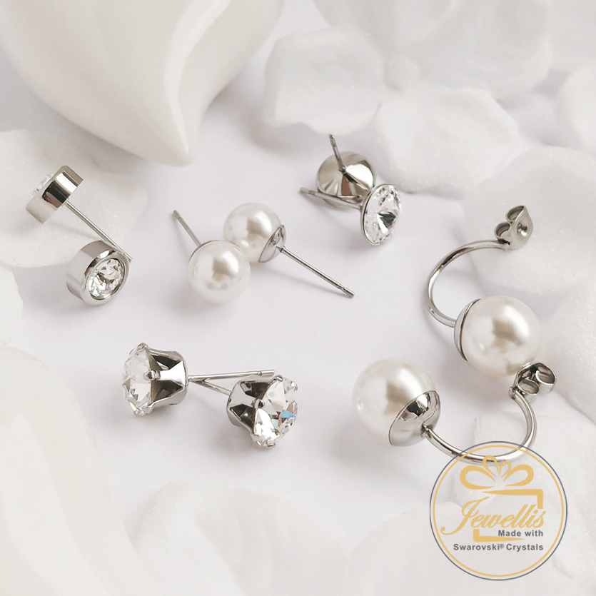 Ocelové dvojité náušnice Deluxe s perlami a krystaly Swarovski - Crystal F