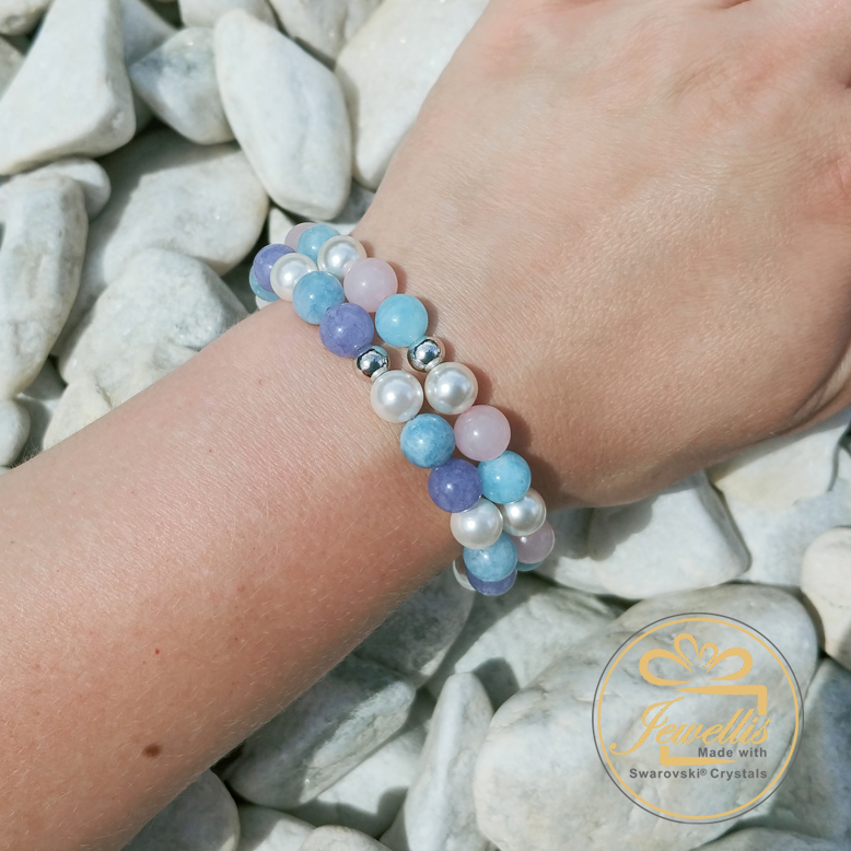 Náramek z přírodních kamenů a perly Swarovski - lapis lazuli a magnezit