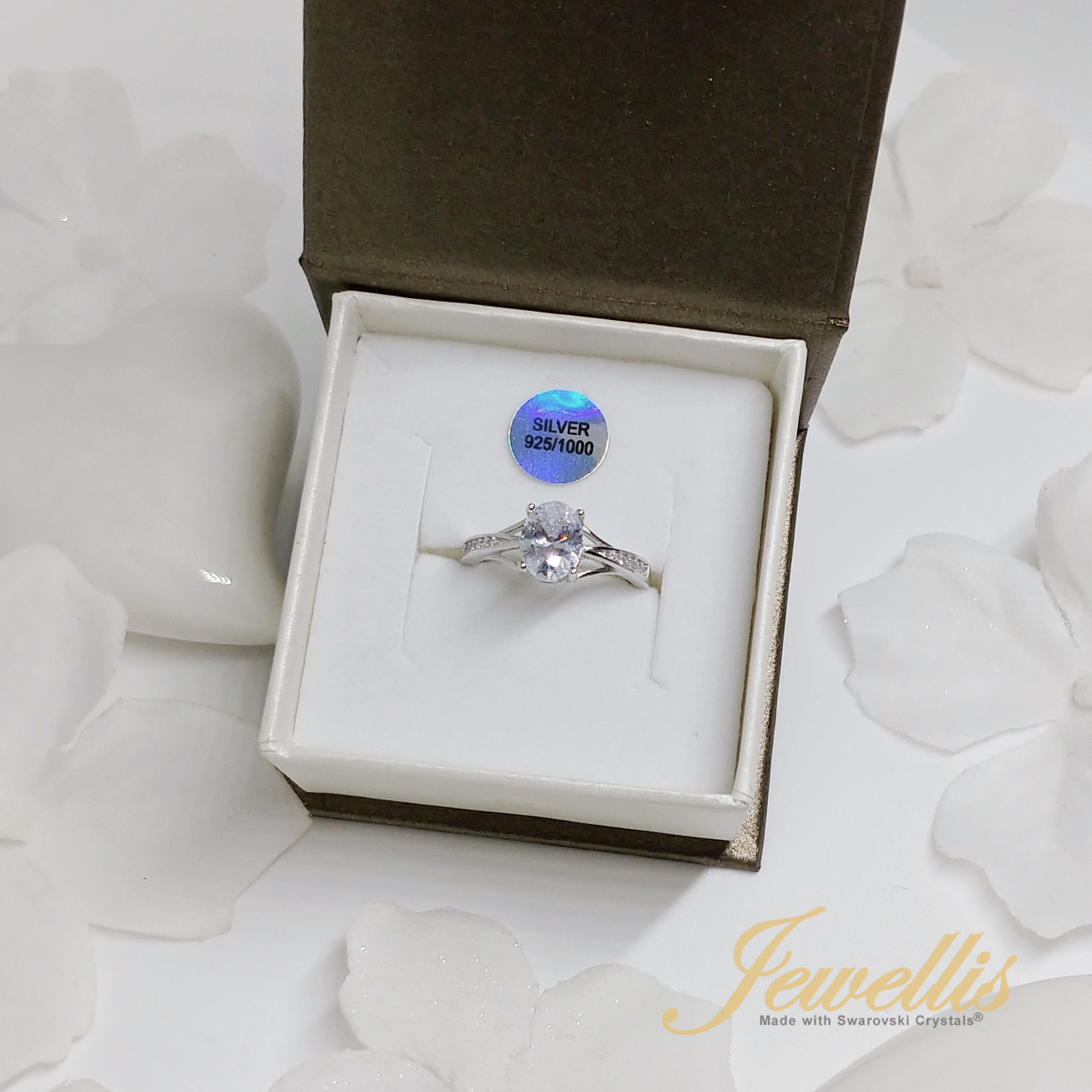 Stříbrný rhodiovaný prsten Princess Oval Zirconia se zirkonem Swarovski - White