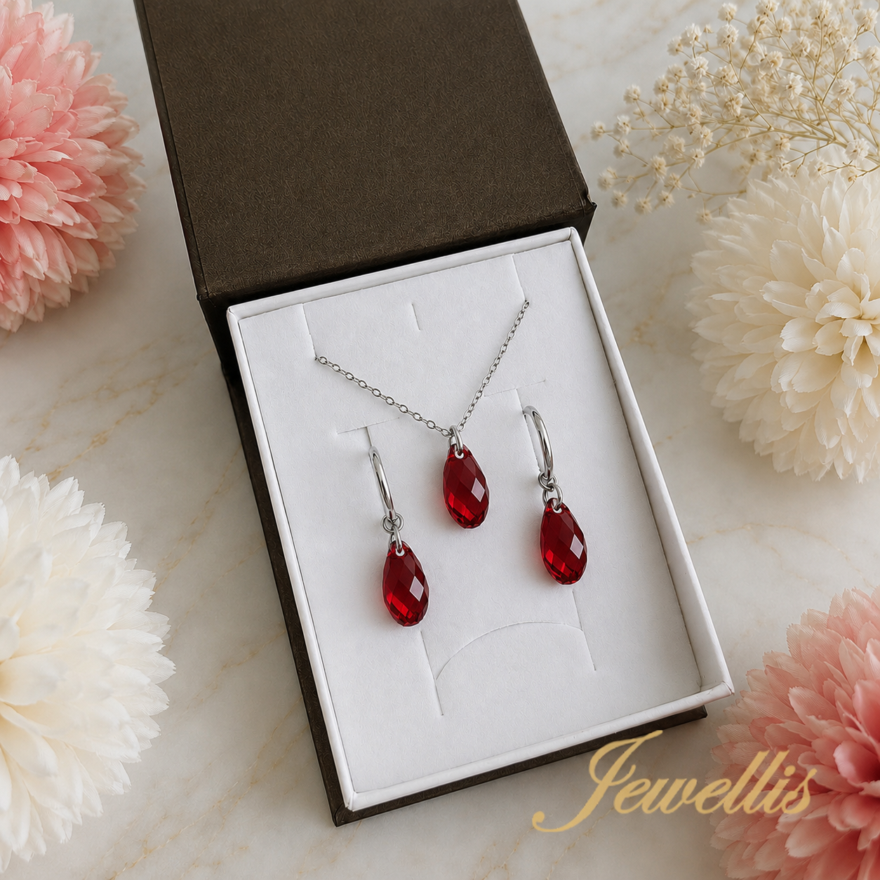 Briolette Scarlet – Set náhrdelníku a náušnic s krystaly Swarovski® z chirurgické oceli
