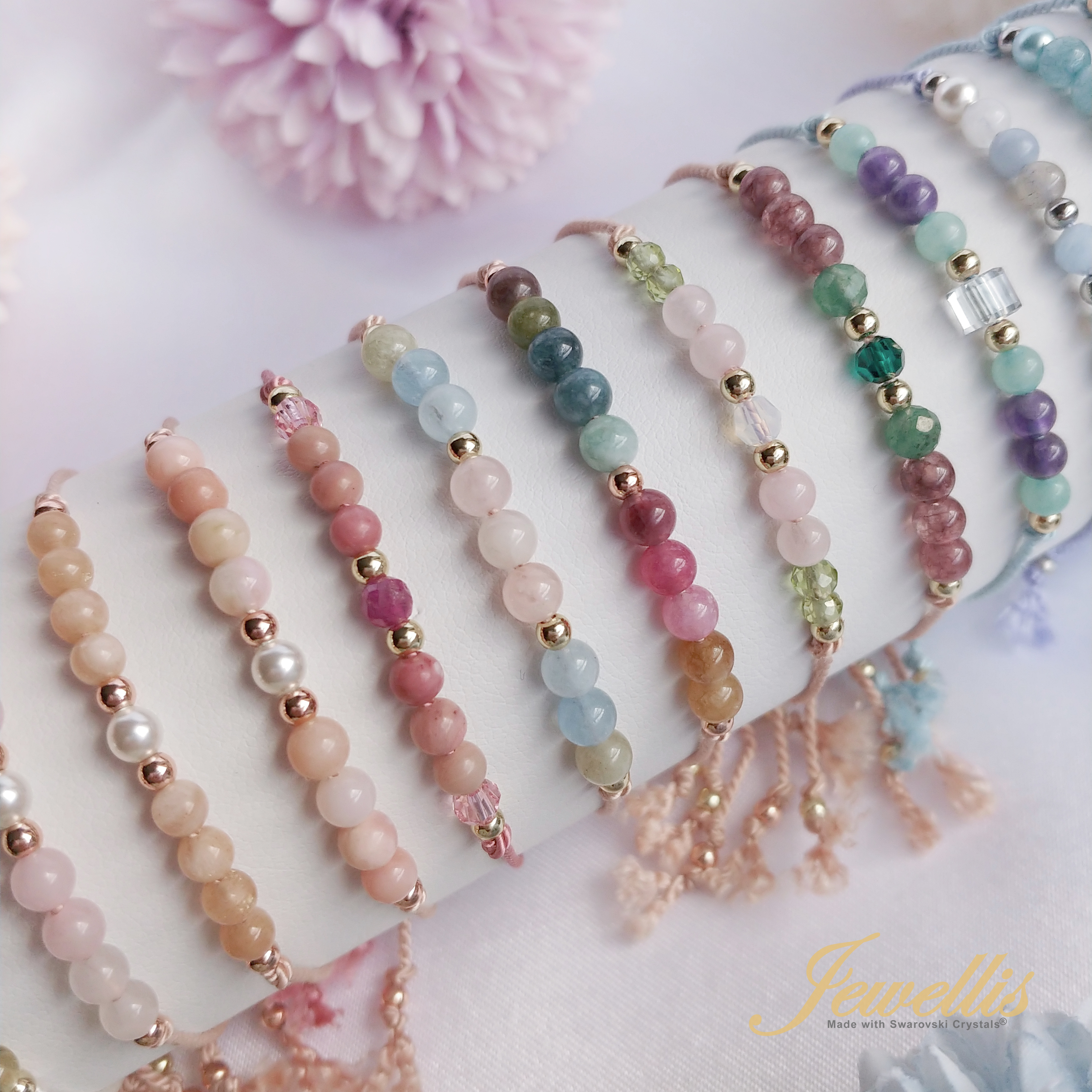 Provázkový náramek z hedvábí s přírodními minerálními kameny na ruku i nohu s ozdobnými korálky a perlami Swarovski 
