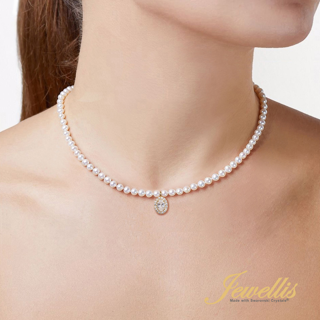 Stříbrný perlový pozlacený náhrdelník Gold Afrodite Pearl s perlami a zirkonem Swarovski 4mm - Crystal White