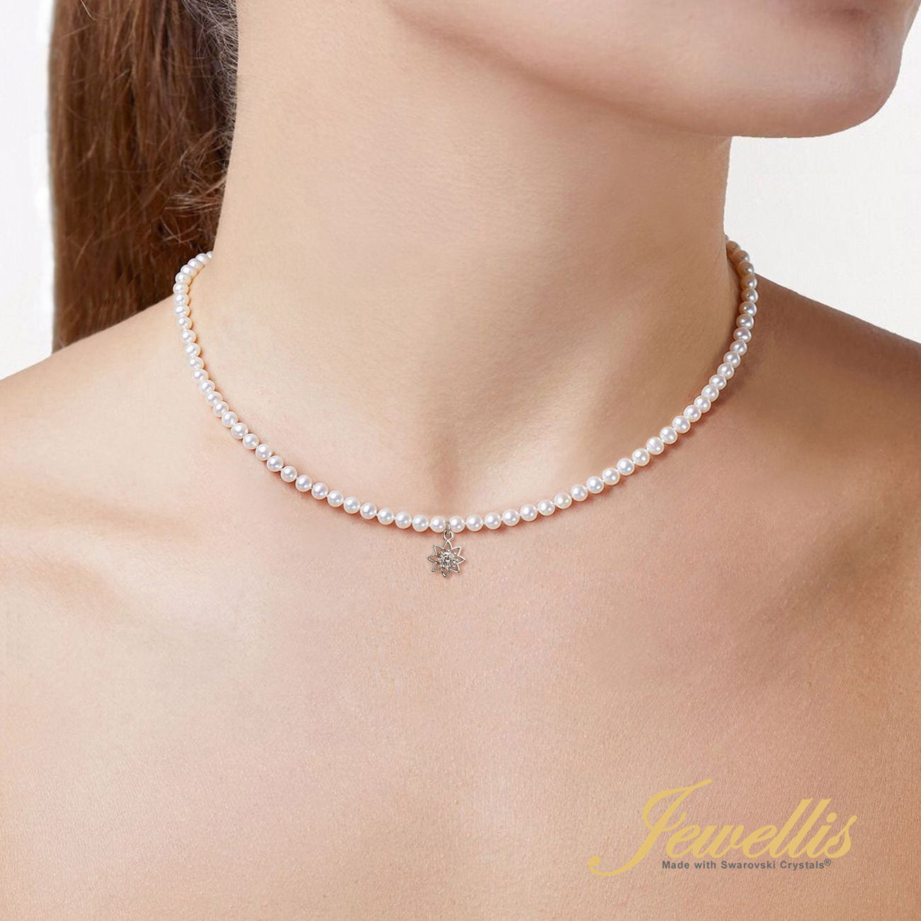 Stříbrný perlový náhrdelník Flower Pearl se zirkonem a perlami Swarovski 3mm - Crystal White