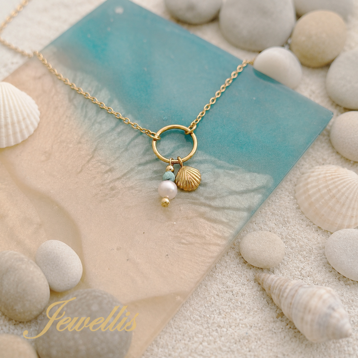Ocelový pozlacený náhrdelník Gold Ocean Pearl s mušlí, Swarovski perlou a larimarem