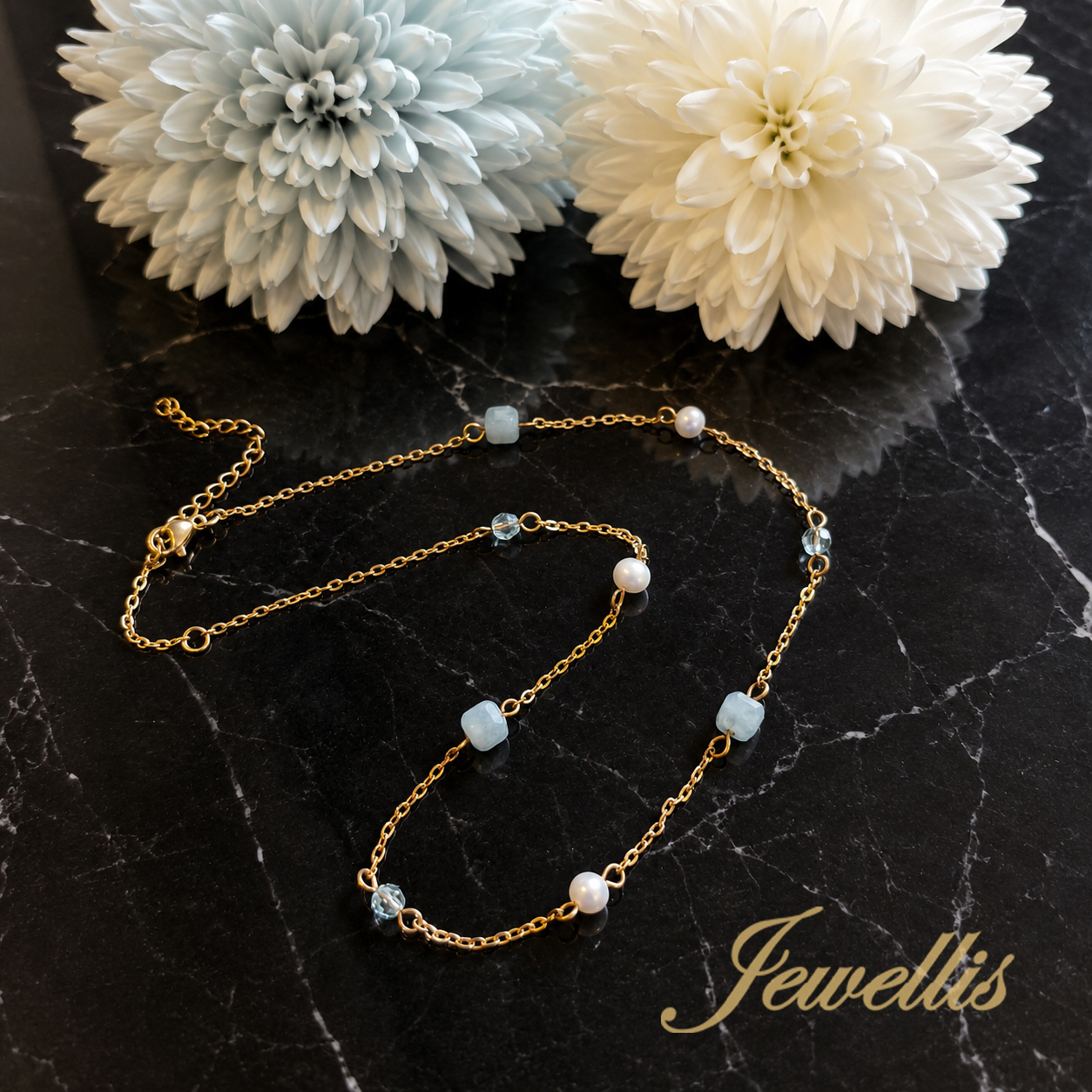 Pozlacený ocelový choker náhrdelník Aqua Pearl s akvamarínem a perlami Swarovski
