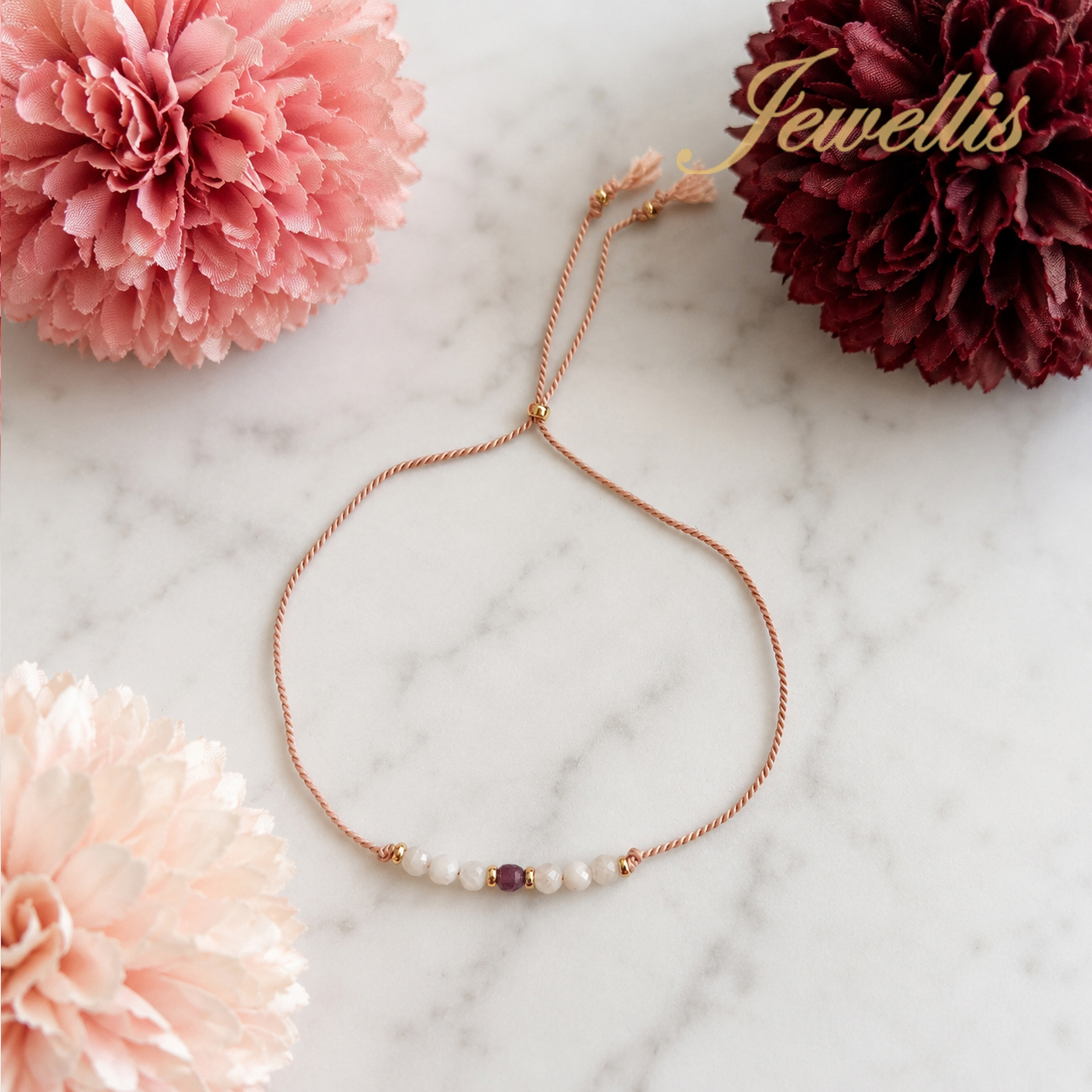 Silk Harmony Ruby – Hedvábný náramek s rubínem a měsíčním kamenem | 14K gold filled