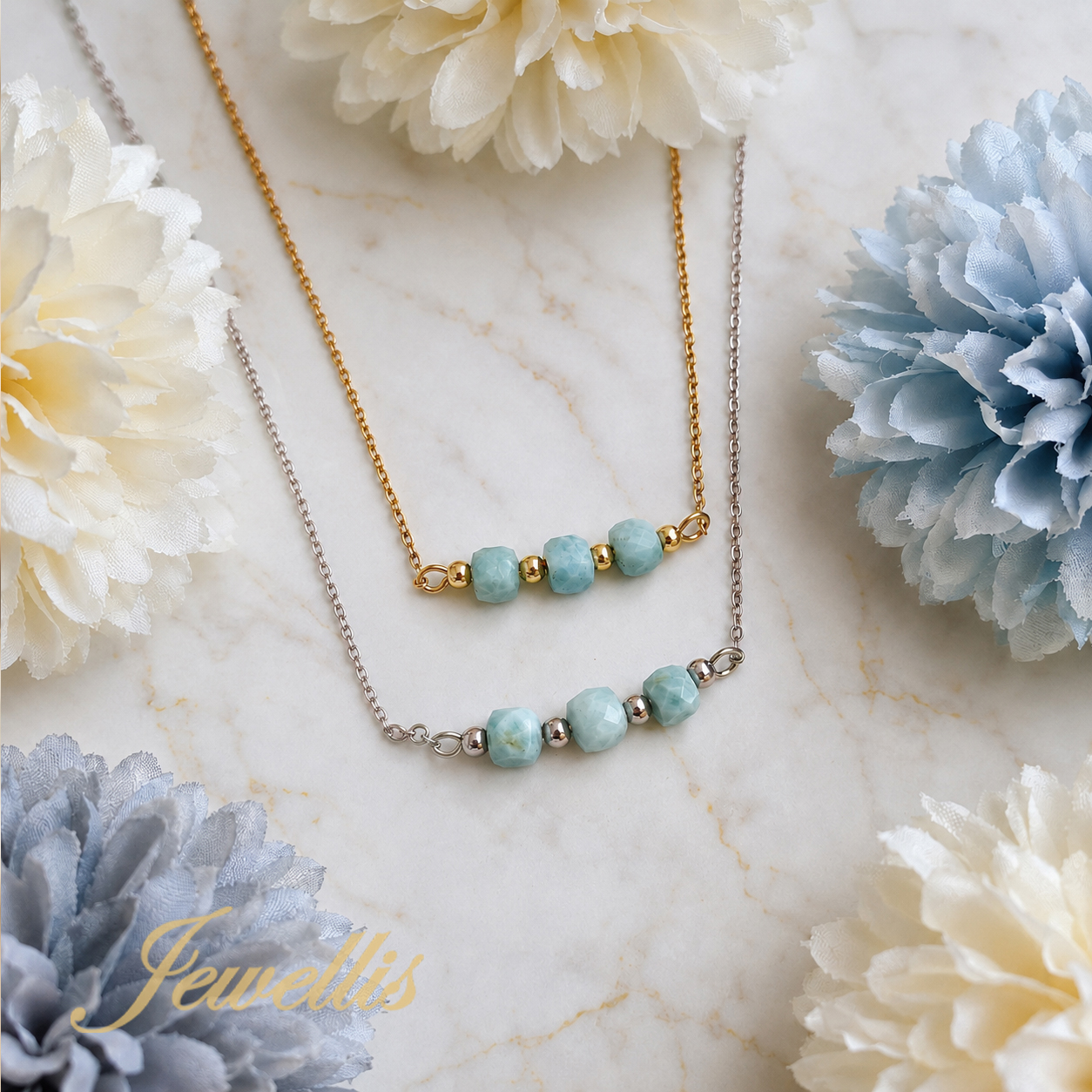 Larimar Triple – Ocelový náhrdelník choker s přírodním larimarem