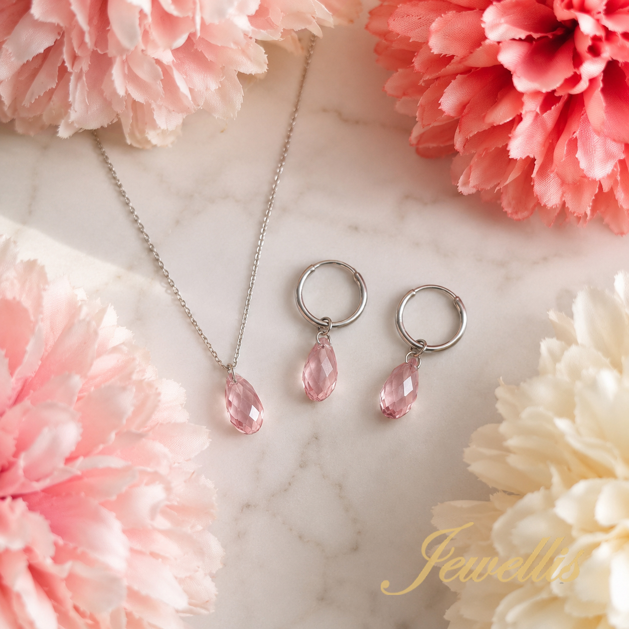 Briolette Light Rose – Set náhrdelníku a náušnic s krystaly Swarovski® z chirurgické oceli