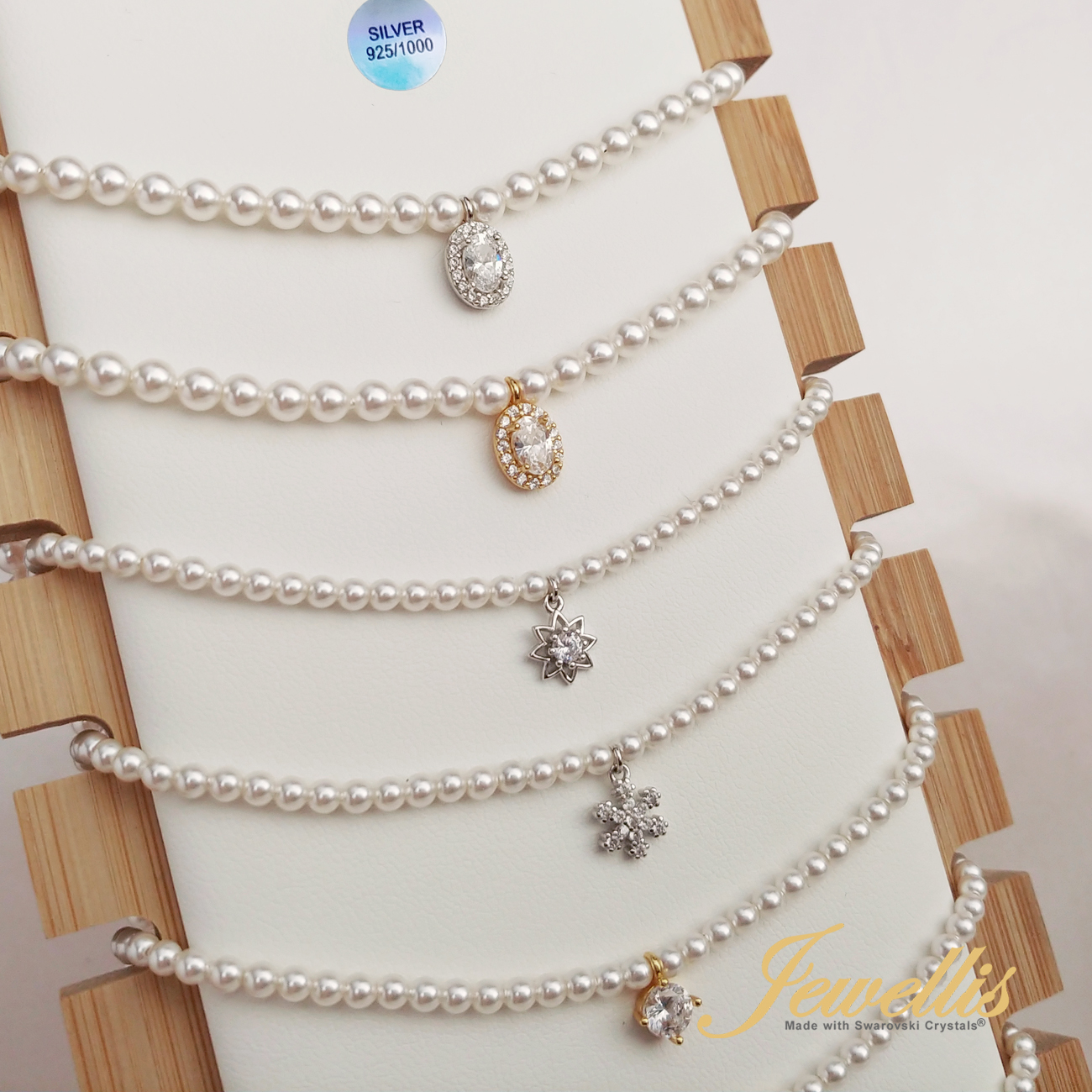 Stříbrný perlový náhrdelník Flower Pearl se zirkonem a perlami Swarovski 3mm - Crystal White