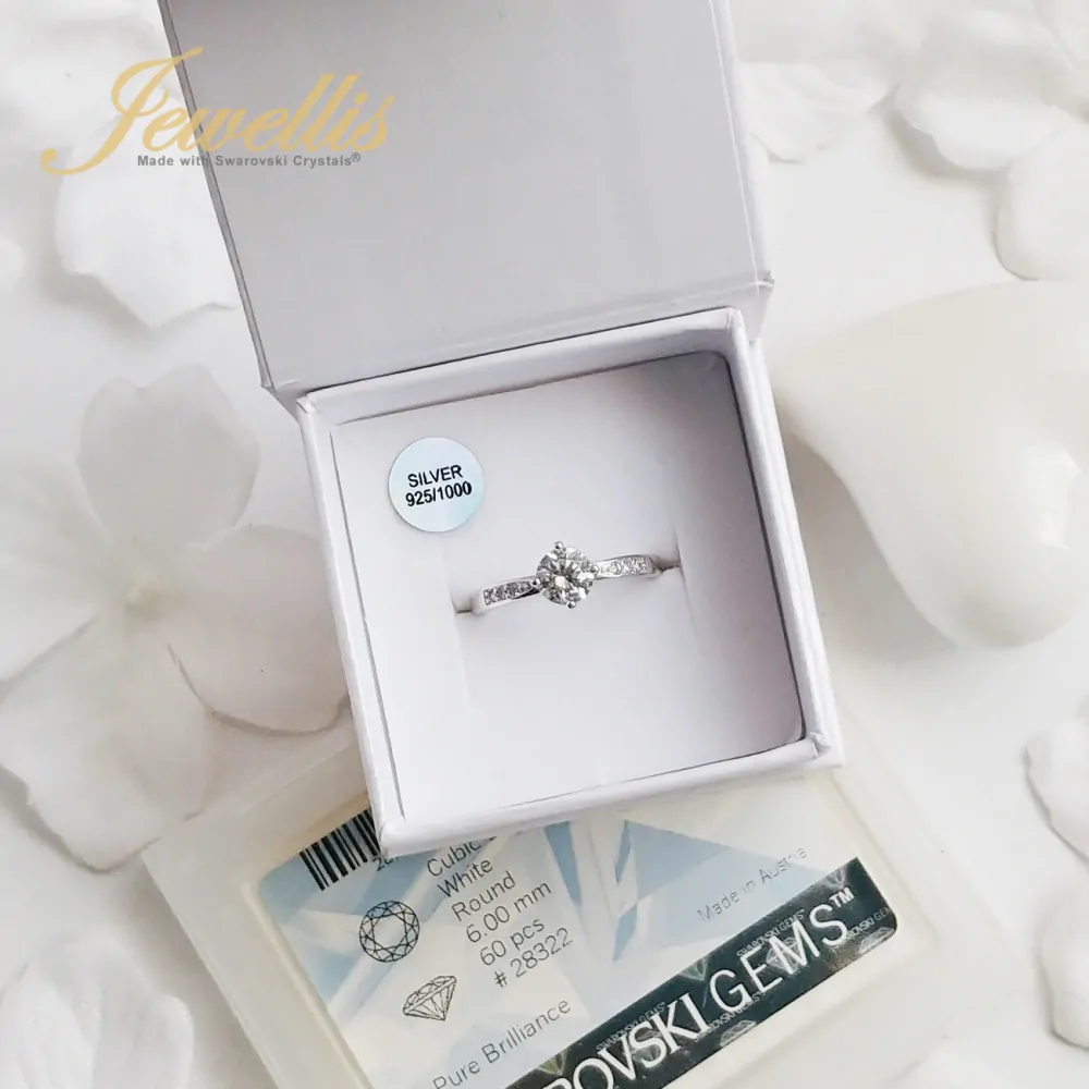 Stříbrný rhodiovaný prsten Round Zirconia se zirkonem Swarovski - White