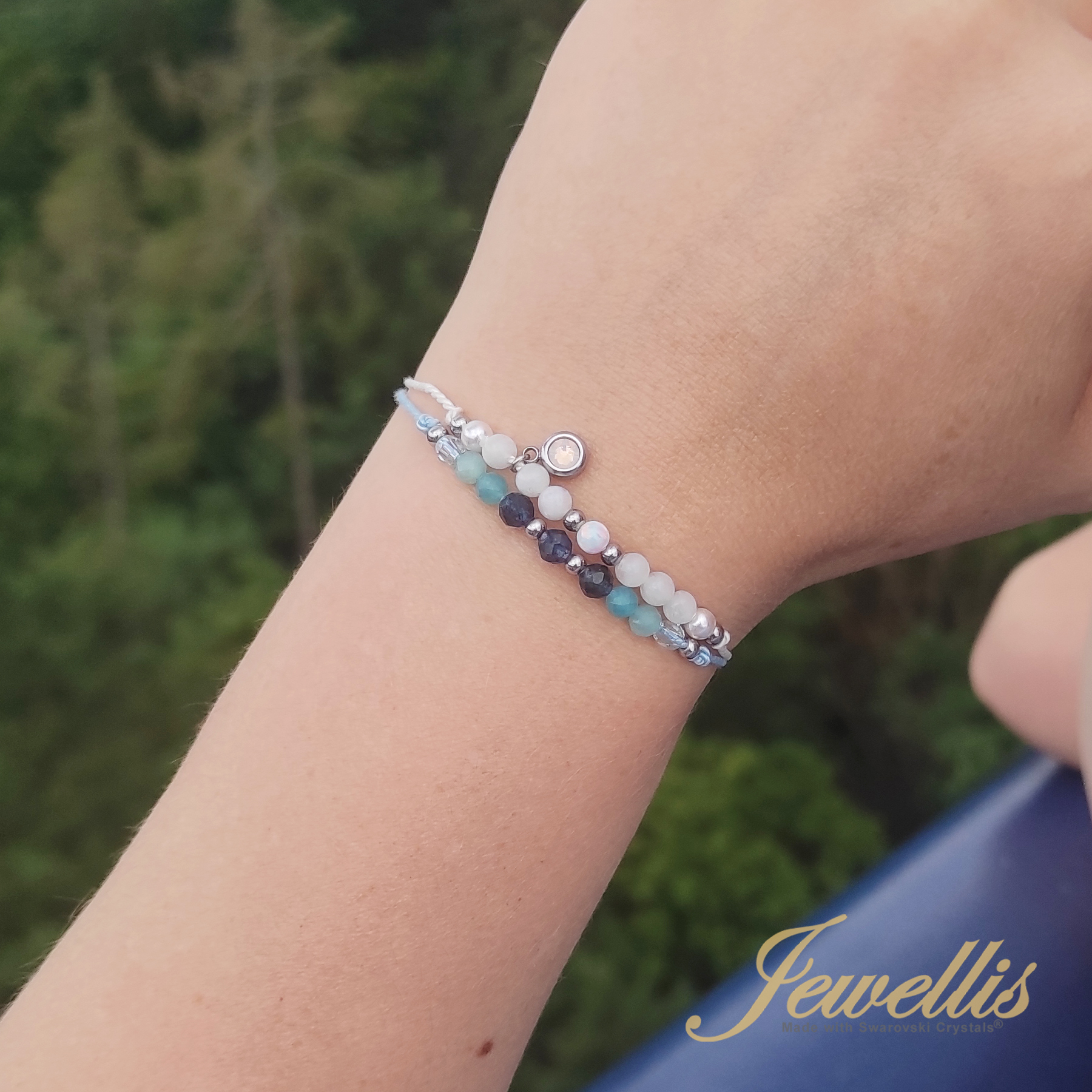 Provázkový náramek z hedvábí s přírodními minerálními kameny na ruku i nohu s ozdobnými korálky a perlami Swarovski 