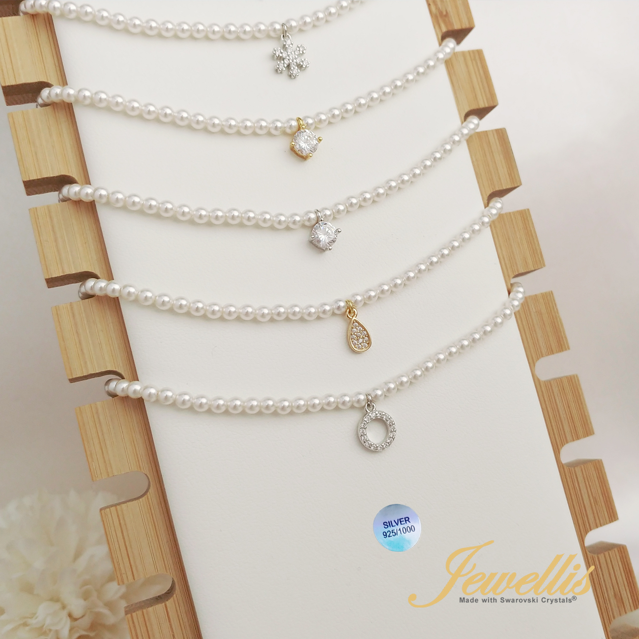 Stříbrný perlový náhrdelník Gold Solitare Pearl se zirkonem a perlami Swarovski 3mm - Crystal White