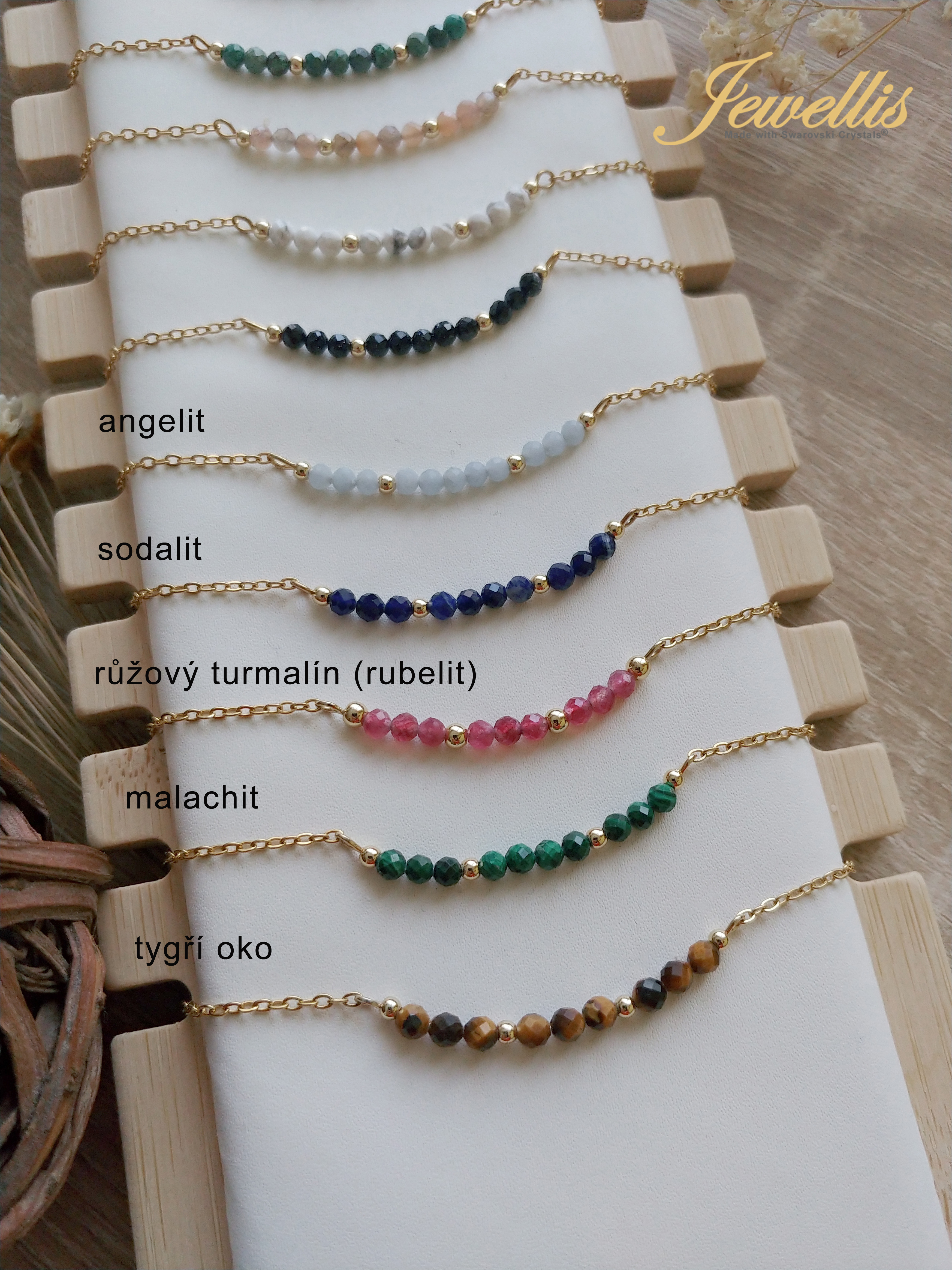 Ocelový minerální náhrdelník Barrette z přírodních kamenů - 14K zlato