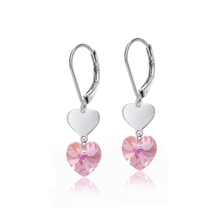 Ocelové náušnice Double Heart ve tvaru srdce s krystaly Swarovski - Light Rose AB