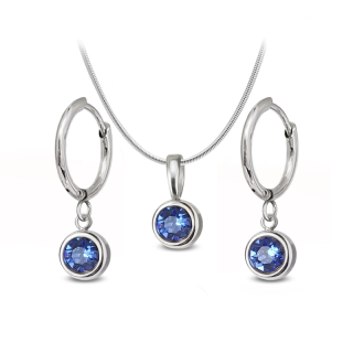 Ocelová sada - náhrdelník a náušnice kruhy s přívěsky s krystaly Swarovski - Sapphire