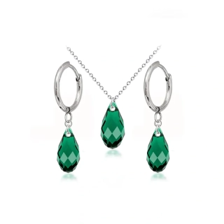 Ocelová sada Briolette - náhrdelník a náušnice kroužky s krystaly Swarovski ve tvaru kapky - Emerald