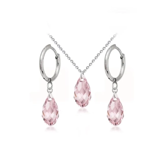 Ocelová sada Briolette - náhrdelník a náušnice kroužky s krystaly Swarovski ve tvaru kapky - Light Rose