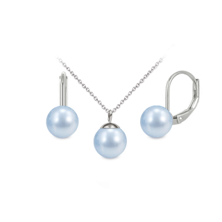 Ocelová sada Mini Pearl - náhrdelník a visací náušnice s perlami Swarovski - Light Blue