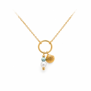 Ocelový pozlacený náhrdelník Gold Ocean Pearl s mušlí, Swarovski perlou a larimarem