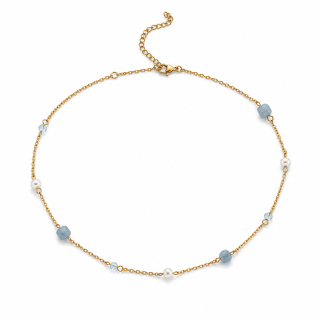 Pozlacený ocelový choker náhrdelník Aqua Pearl s akvamarínem a perlami Swarovski