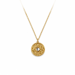 Pozlacený ocelový náhrdelník s tepaným medailonkem a krystalem Swarovski