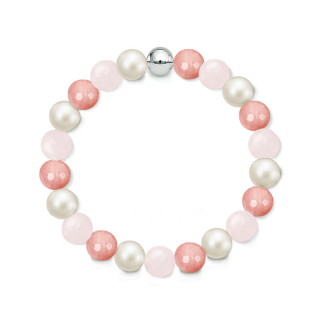 Náramek z přírodních kamenů a perly Swarovski - růženín a lososový jadeit
