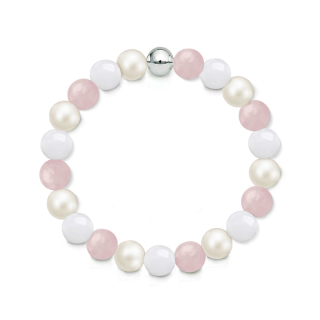 Náramek z přírodních kamenů a perly Swarovski - bílý jadeit a růženín