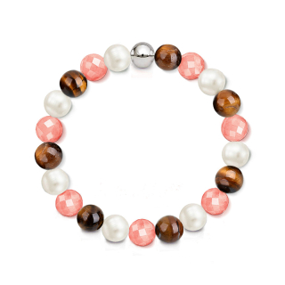 Náramek z přírodních kamenů a perly Swarovski - lososový jadeit a tygří oko