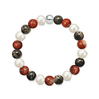 Náramek z přírodních kamenů a perly Swarovski - matný černý regalit a brekciový jaspis