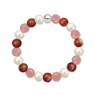 Náramek z přírodních kamenů a perly Swarovski - třešňový křemen a třešňový křemen a brekciový jaspis