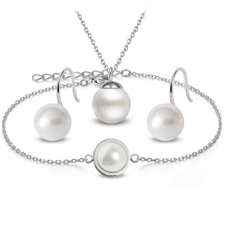 3-dílný ocelový perlový set Pearls - náramek, náhrdelník a náušnice s perlami Swarovski - Crystal White